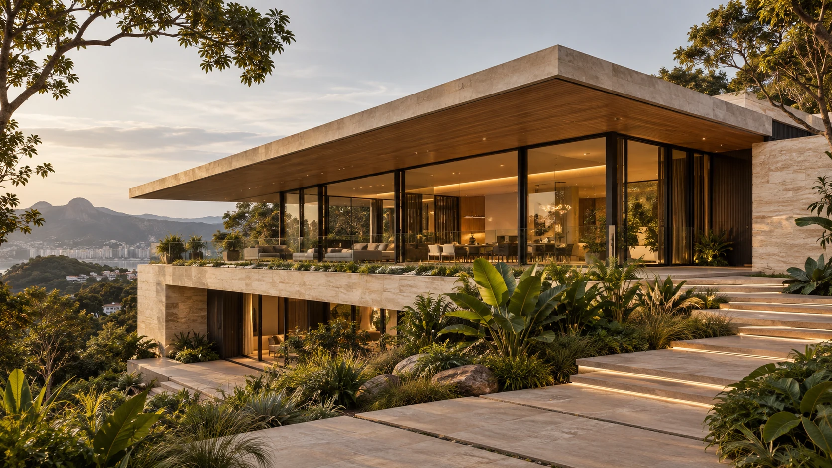 Casa contemporânea em pedra e vidro ao fim da tarde, imagem conceitual