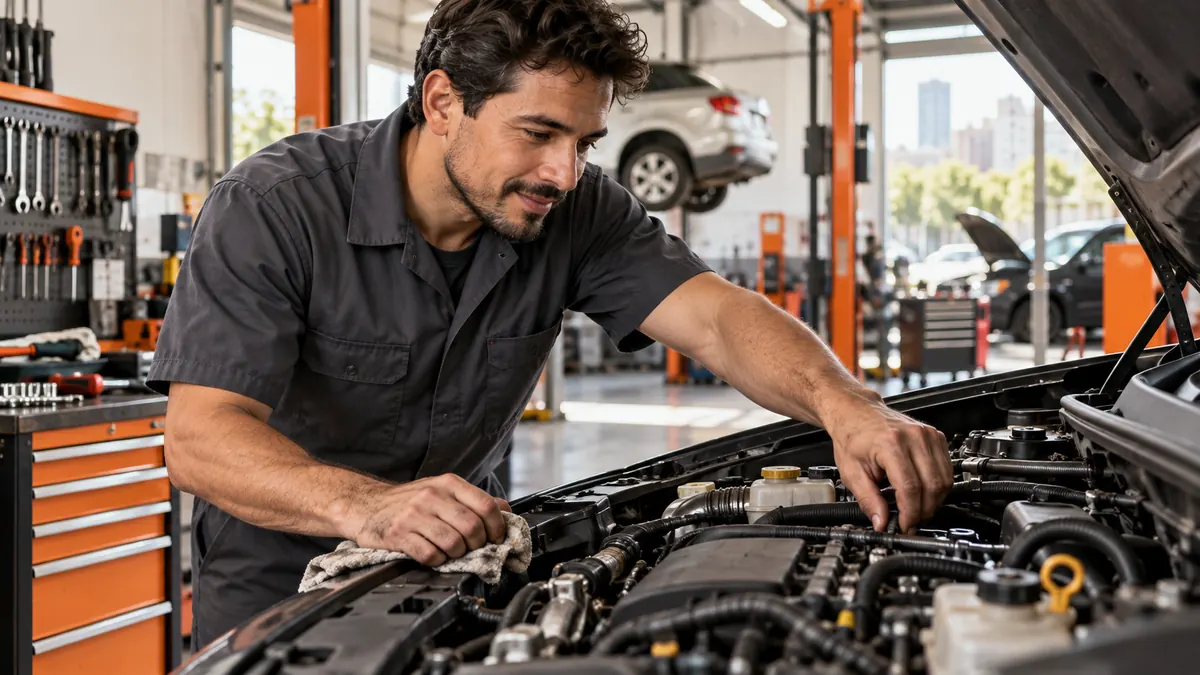 Prévia de oficina com mecânico inspecionando motor