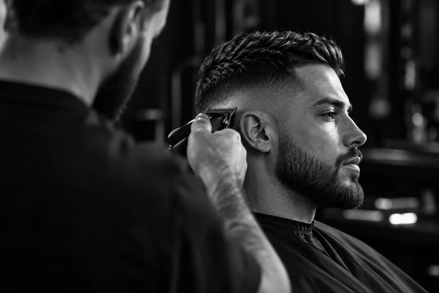 Barbeiro fazendo degradê com máquina em cliente de barba desenhada