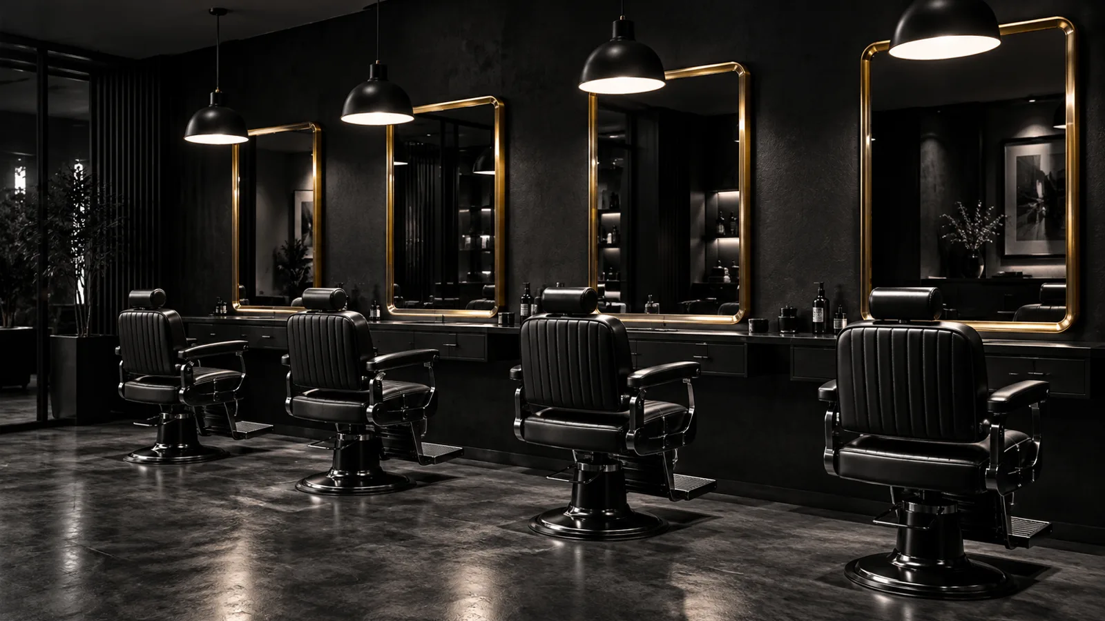 Interior com quatro cadeiras de couro preto e espelhos de latão