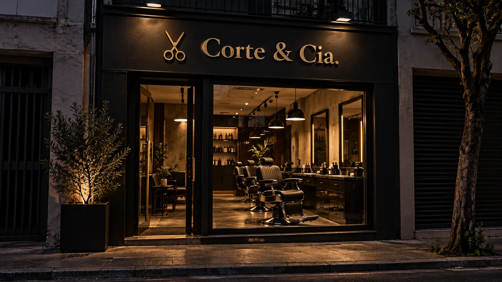 Fachada preta com letreiro Corte & Cia. em latão, à noite