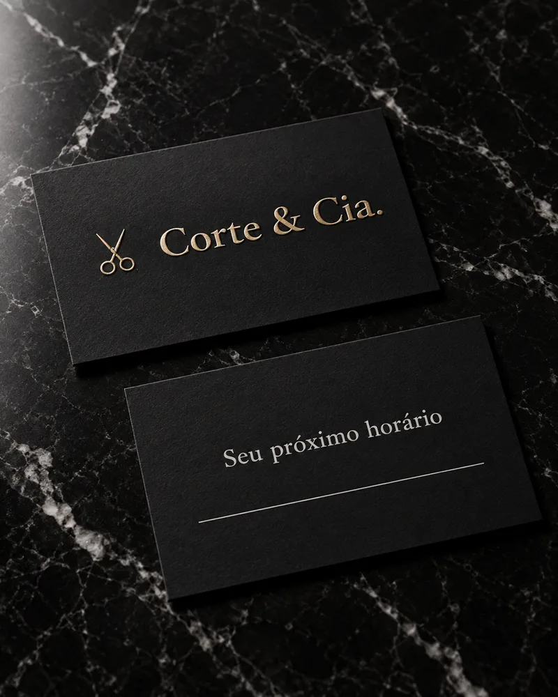 Cartão preto com logo em latão e verso Seu próximo horário