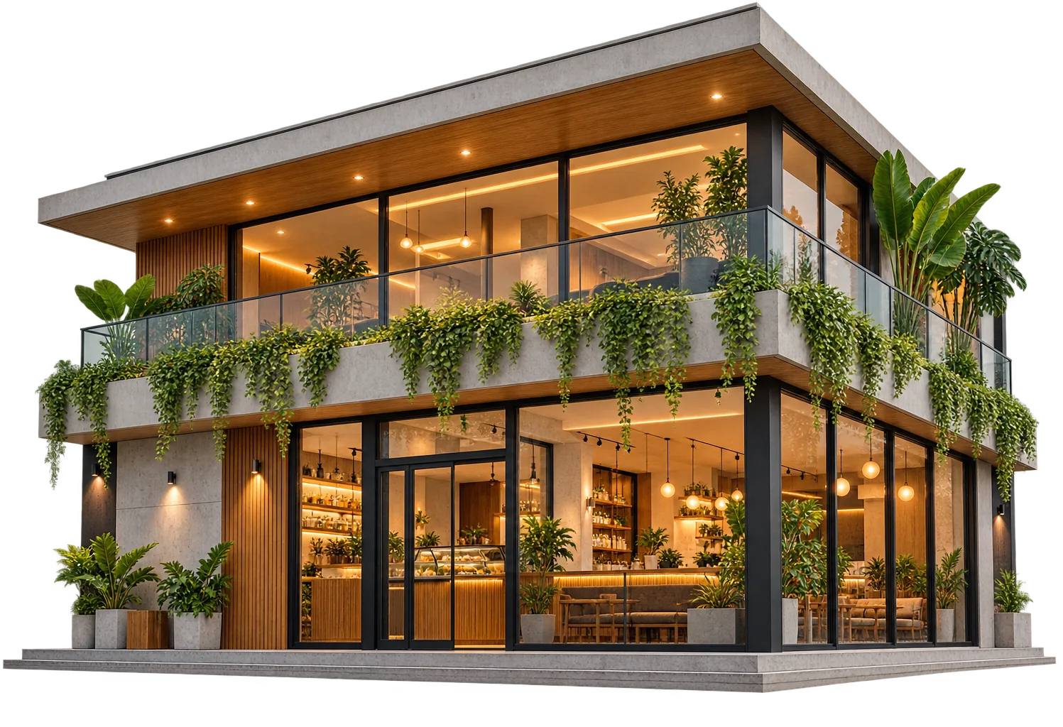 Fachada de um pequeno negócio moderno com plantas e luzes acesas, surgindo entre as nuvens