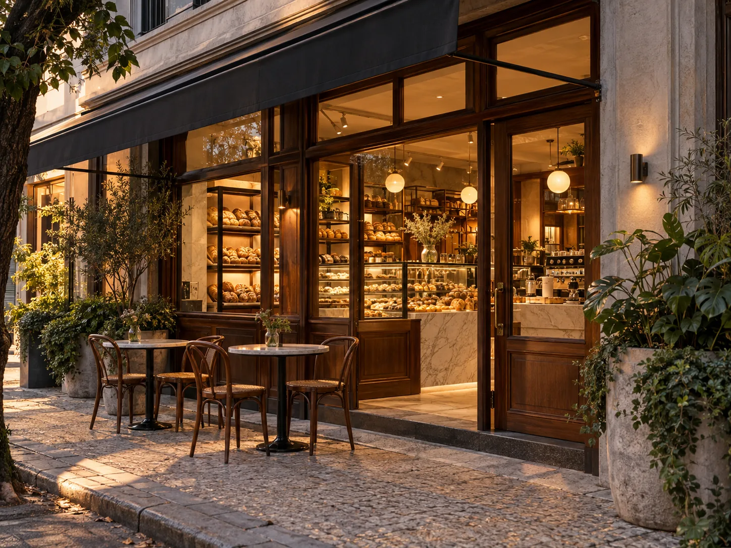 Fachada de padaria com vitrine de pães e mesinhas na calçada