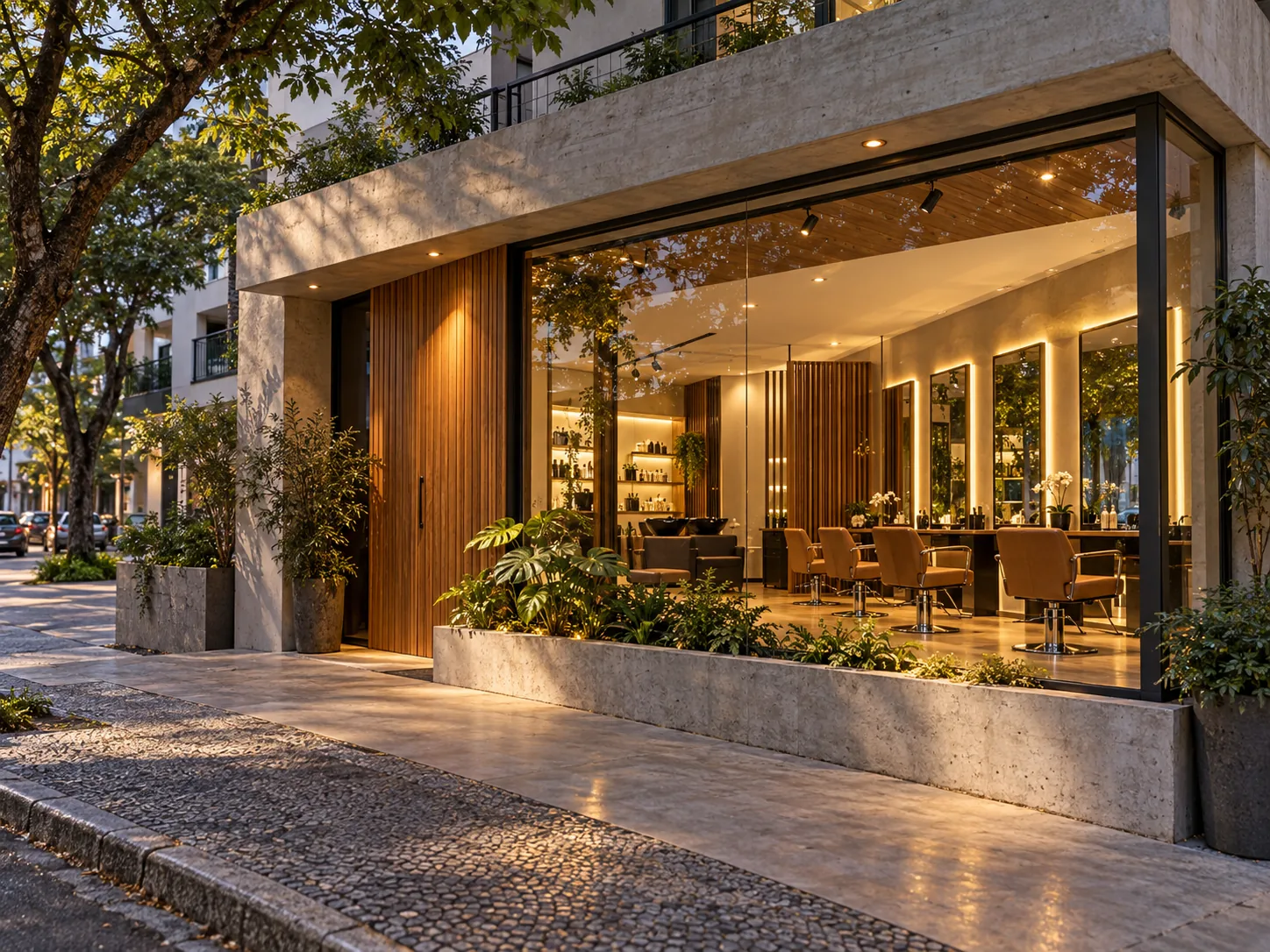 Fachada de salão de beleza com cadeiras e espelhos iluminados