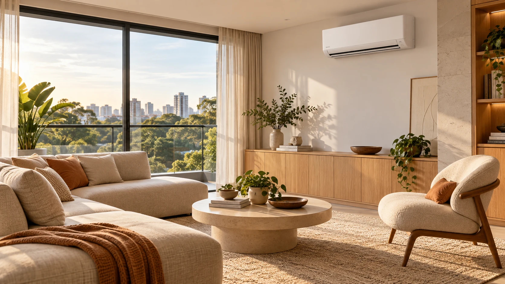 Sala de apartamento com ar-condicionado split e luz natural, imagem conceitual