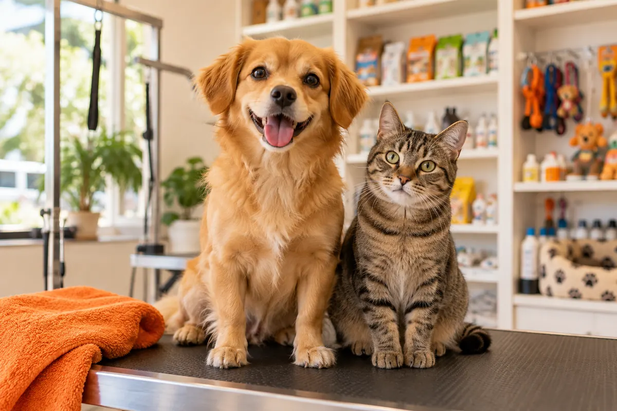 Cachorro e gato em um pet shop
